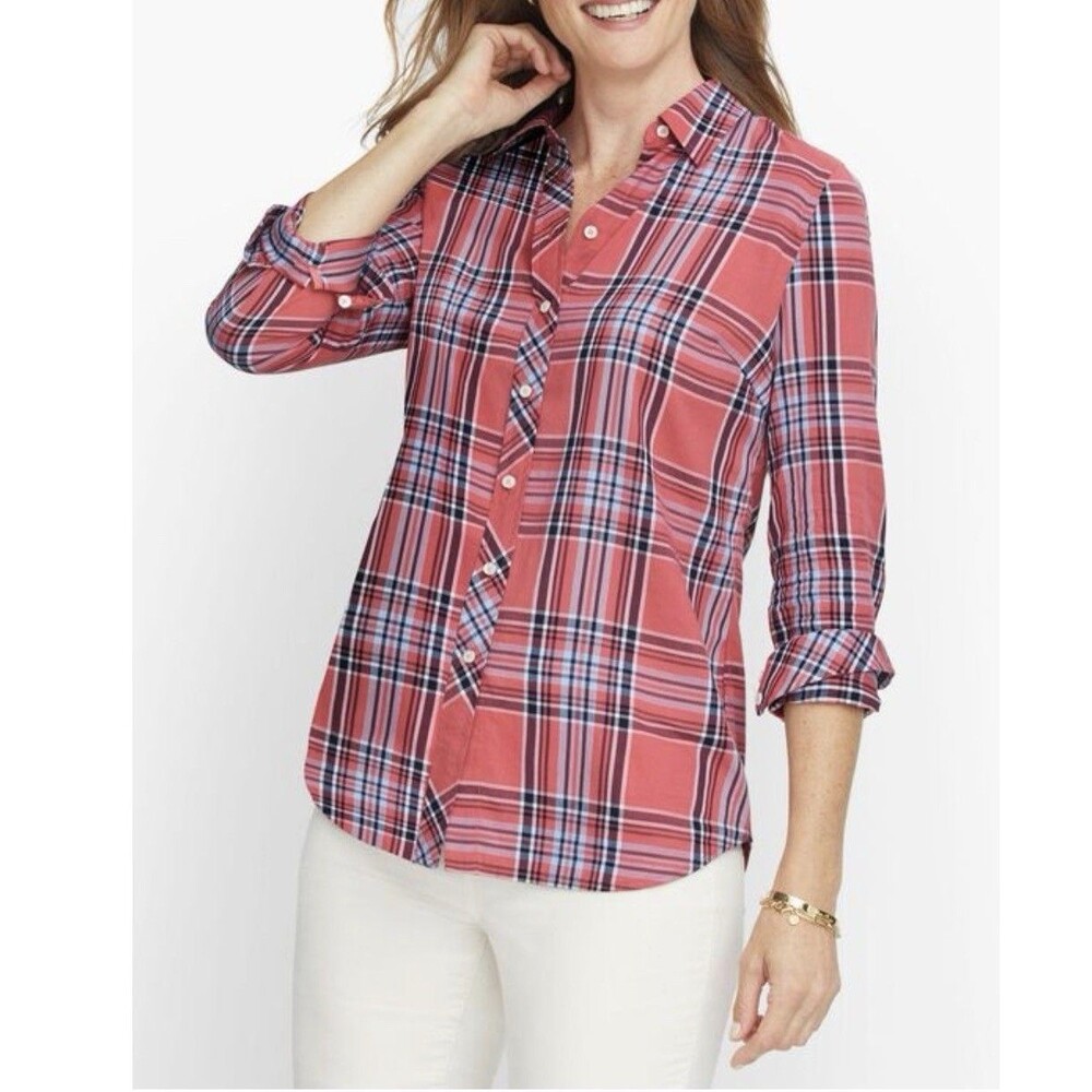 Talbots Classic Cotton Shirt Long Sleeves Button Up Salmon Plaid Size 2X Preppy